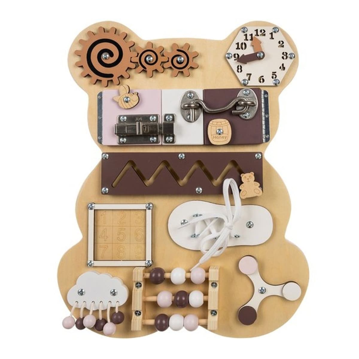 Aktivitetsbräda björn, trä, 10 aktiviteter