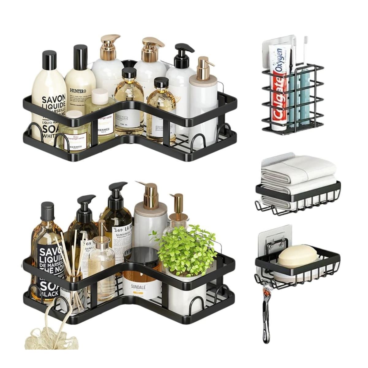 Badrumshyllor, 5 delar, metallkorgar och hörnskivor