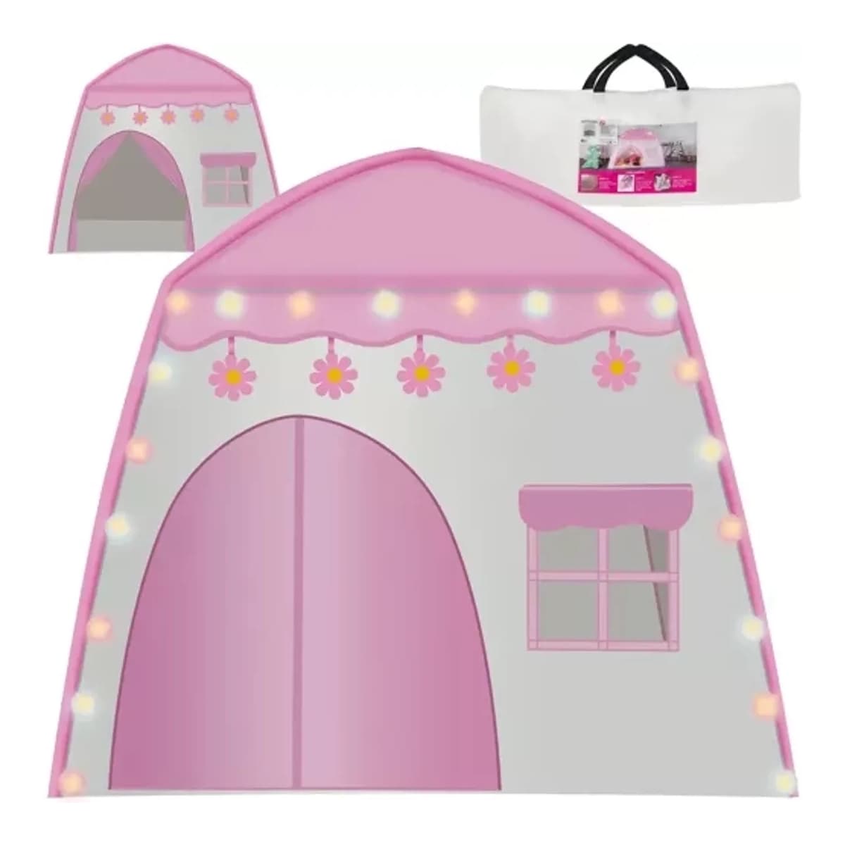 Barntält hus rosa/vit 126x130 cm med LED-ljusslinga