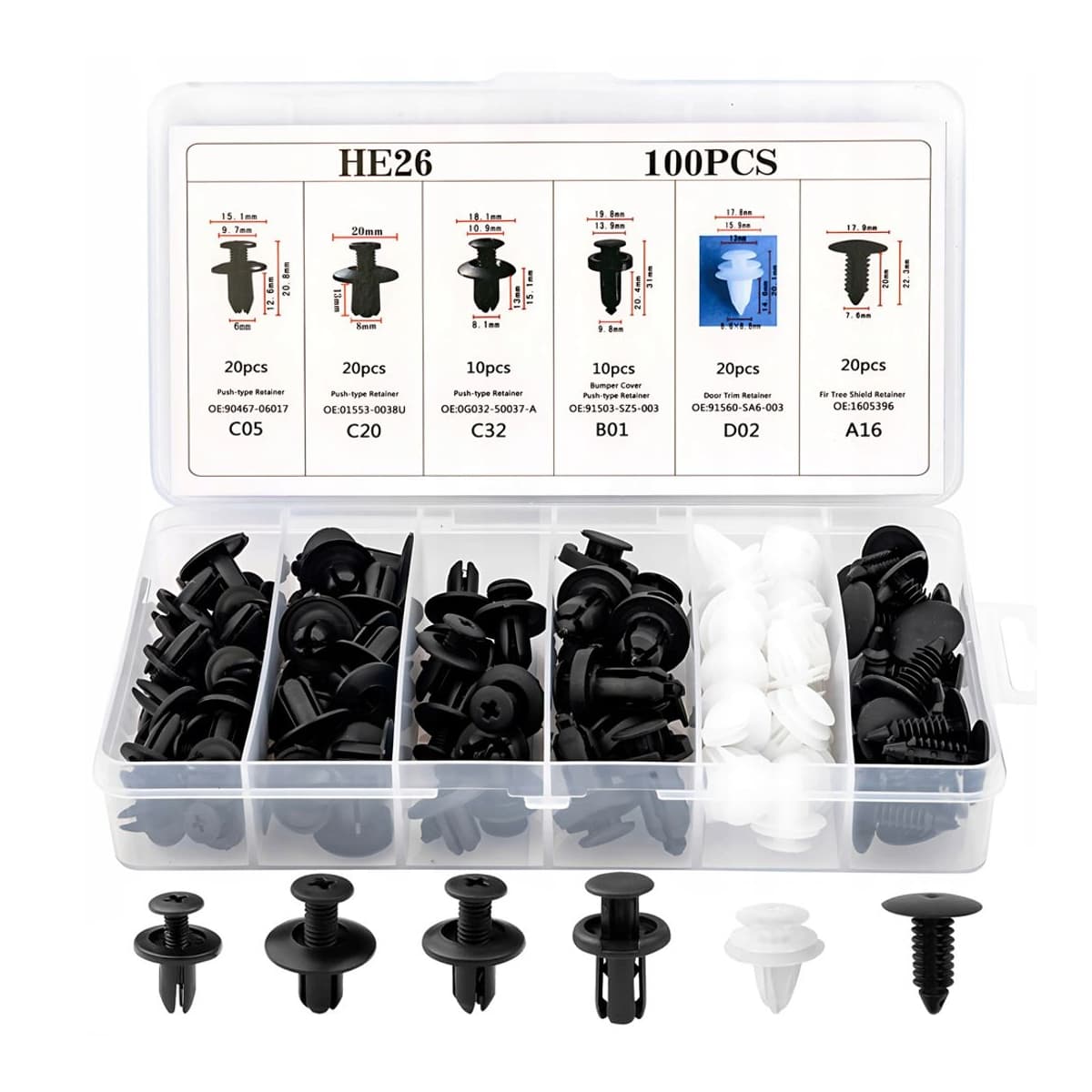 Bilklämmor för klädsel, 100 st, olika storlekar