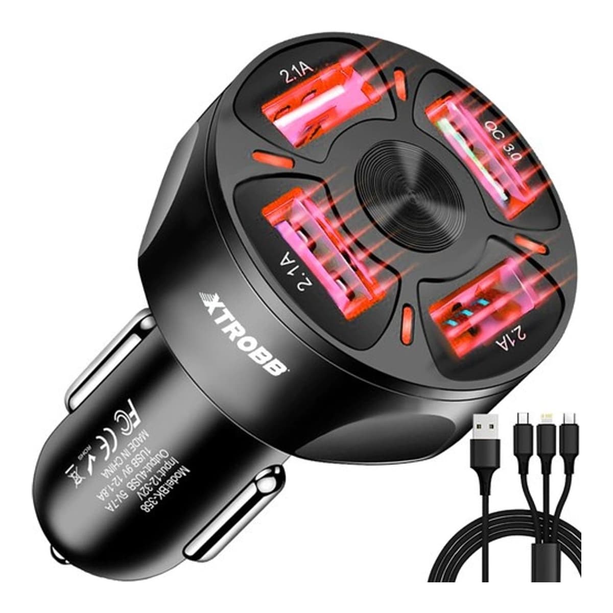 Billaddare 4 USB-portar med 3-i-1 kabel