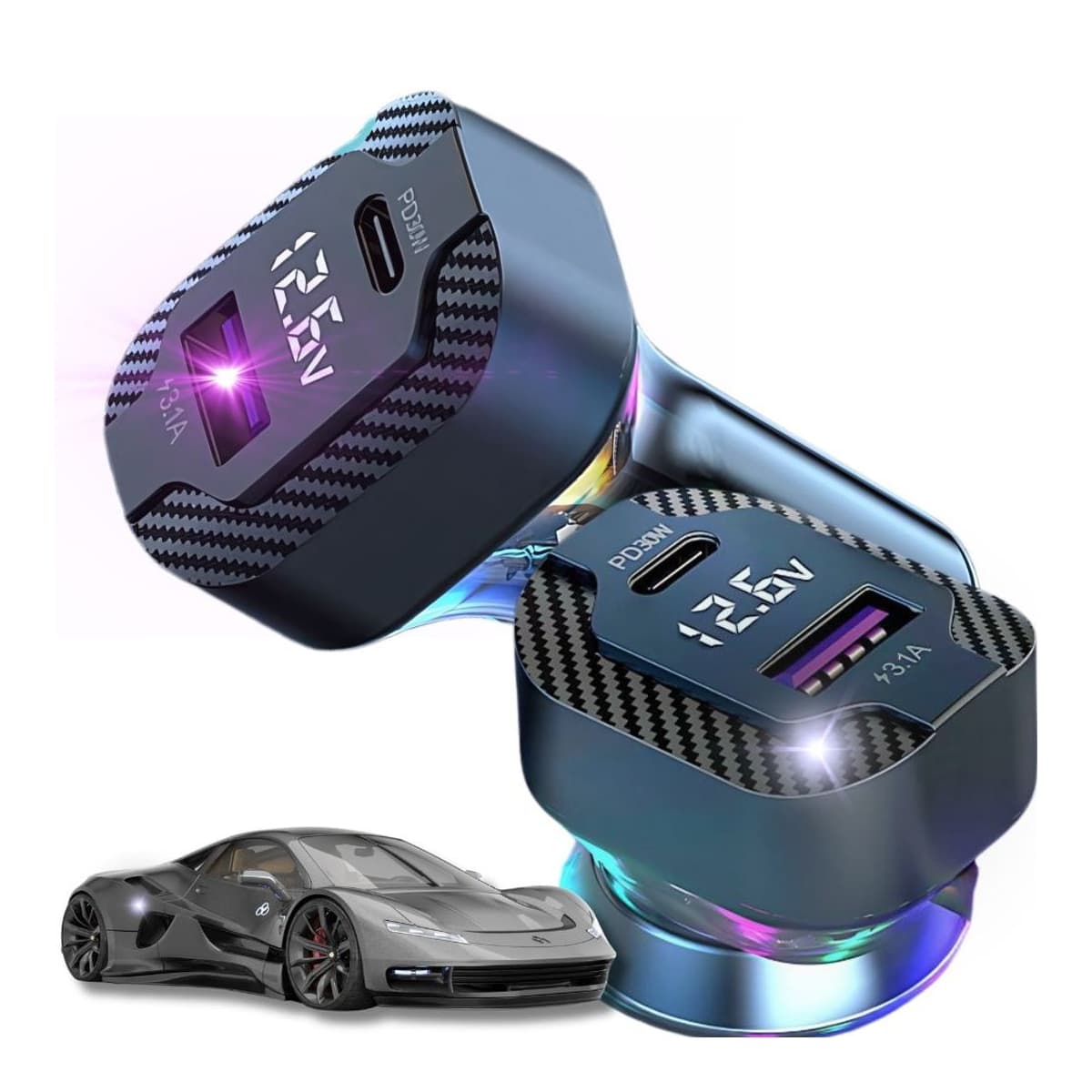 Billaddare USB-C 30W + USB-A 15W med RGB-belysning