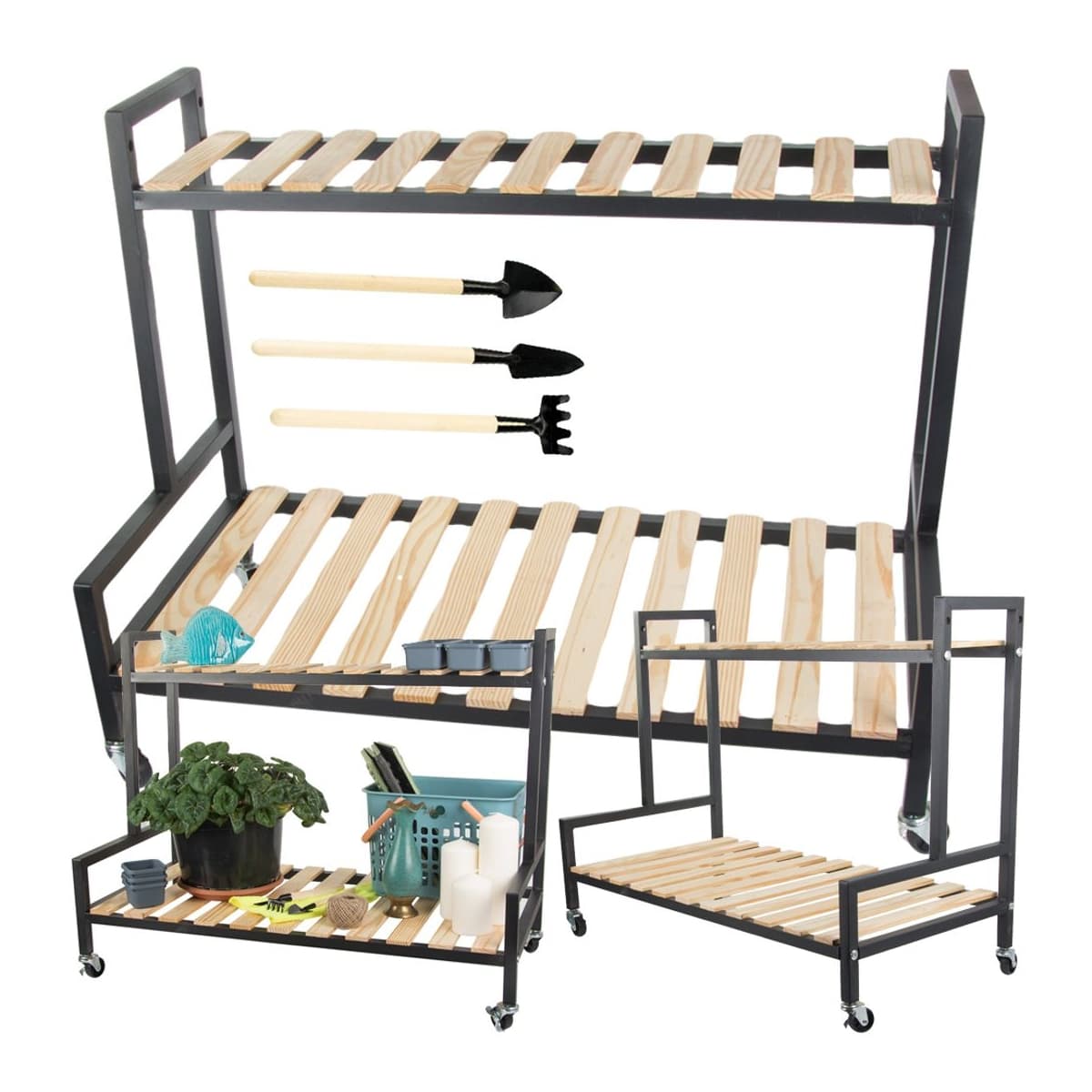 Blomställning i trä, 2 hyllor, 80x40 cm, hjul