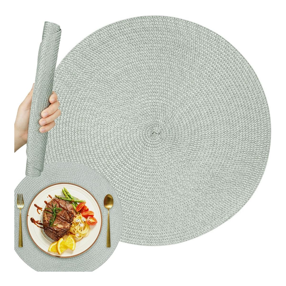 Bordstablett rund, flätad, grå, 38 cm