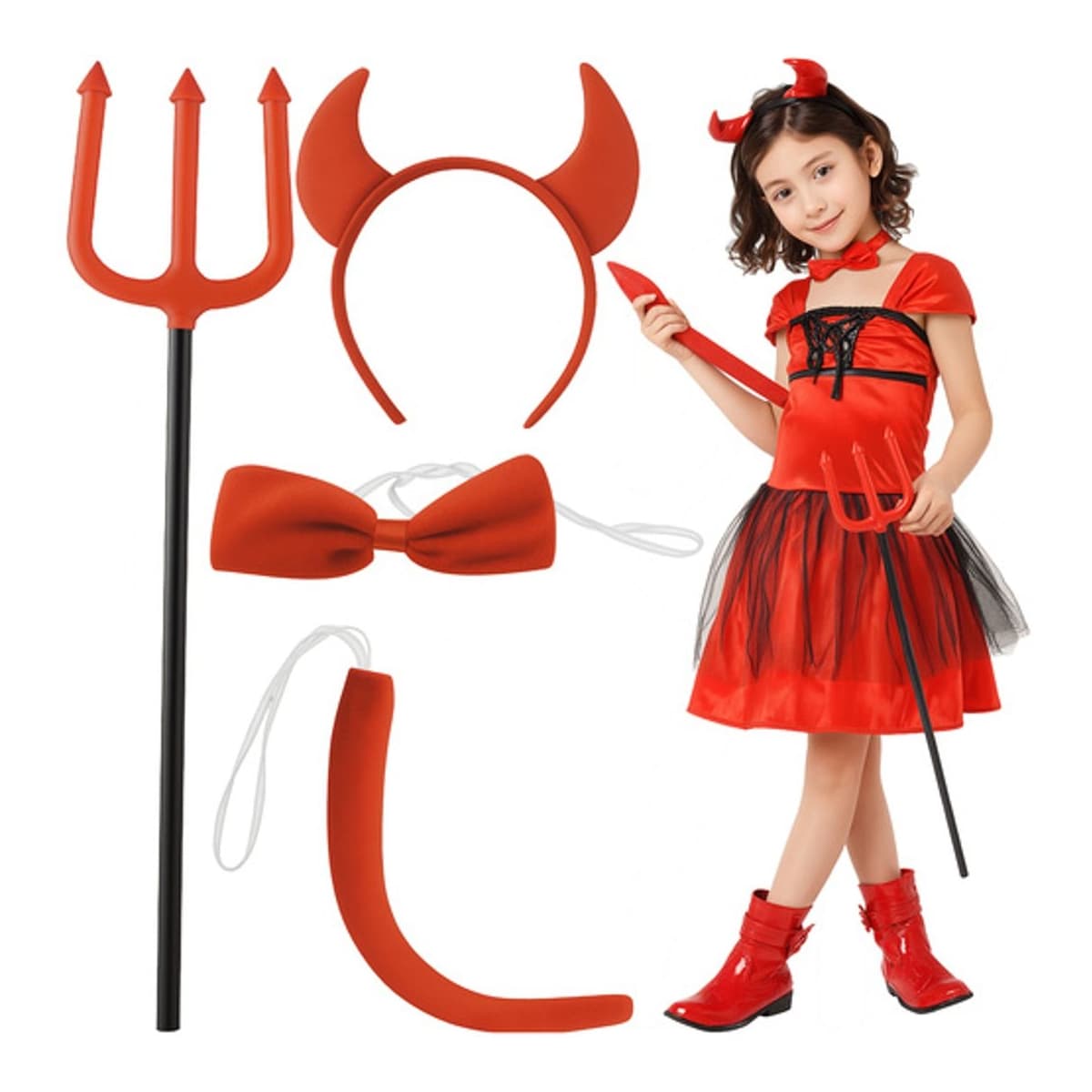 Djävulskostym, 4 delar - horn, svans, fluga, gaffel