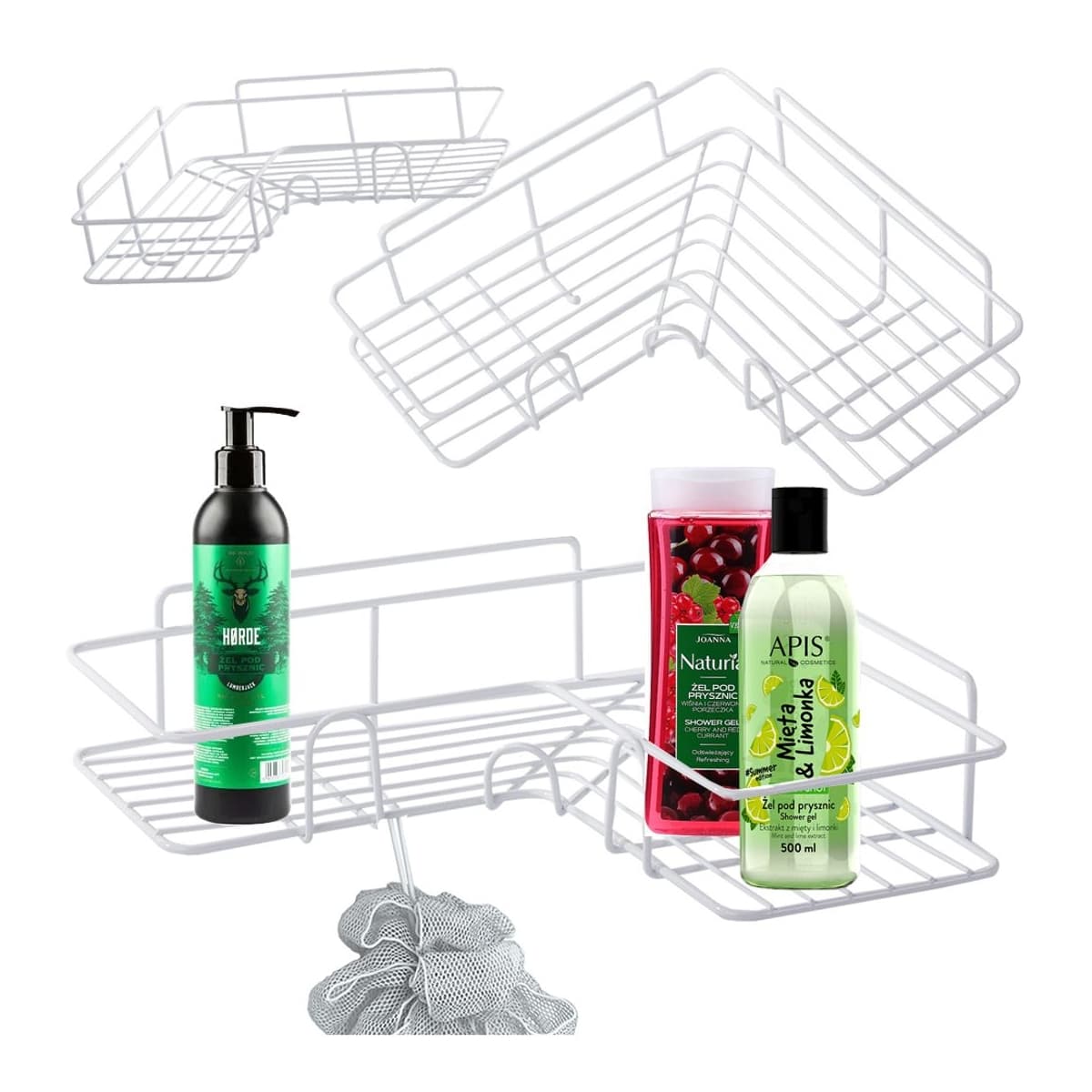 Duschkorg för hörn med hängkrokar, vit