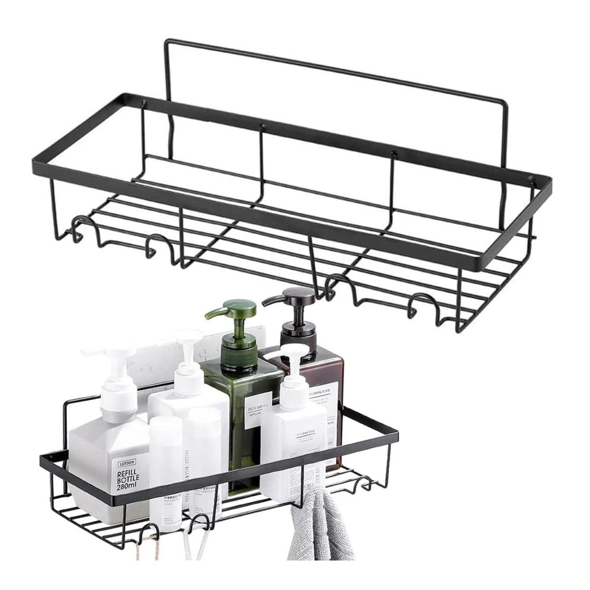 Duschkorg med 4 krokar, svart metall, 32 cm