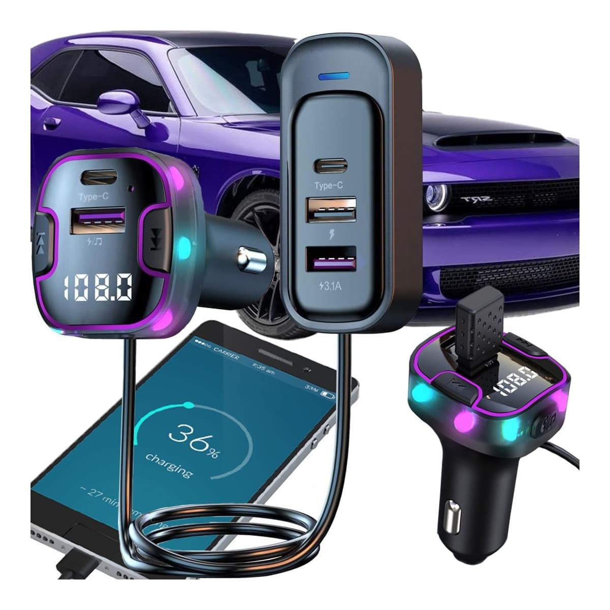 FM-sändare med Bluetooth 5.0 och 5 USB-portar