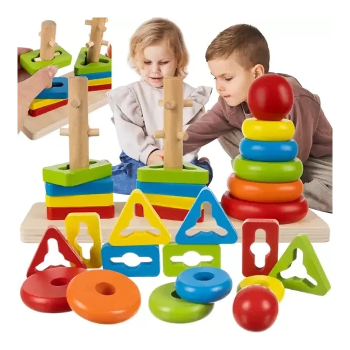 Formpusssel i trä med 3 stapeltorn, 22,5 cm