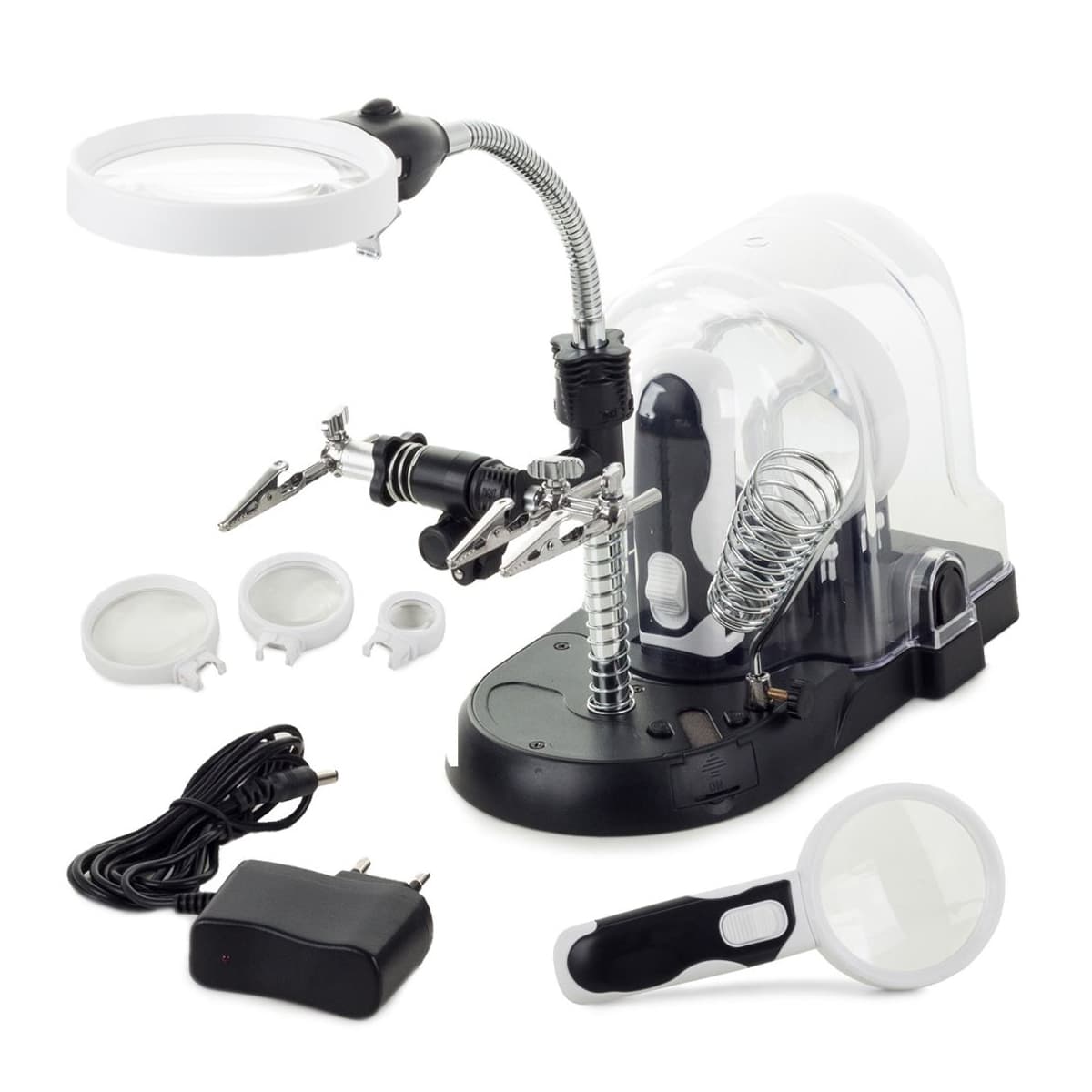 Förstoringsglas med ställ, LED, 3 linser