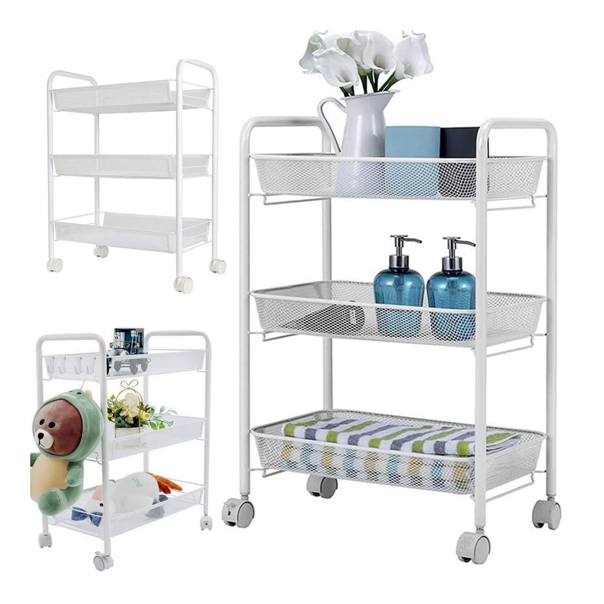 Förvaringsvagn på hjul, 3 hyllor, 64x44 cm