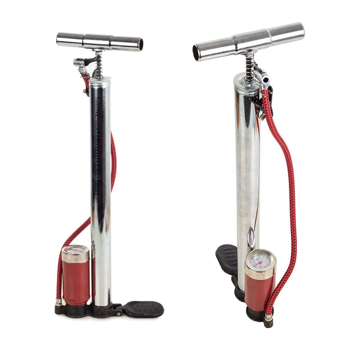 Fotpump med tryckmätare, metall, 55 cm slang