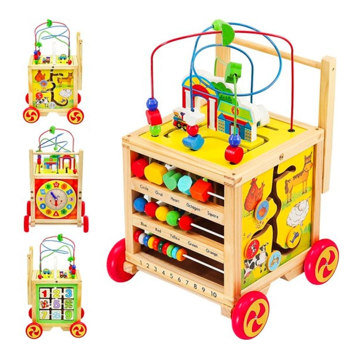 Gåvagn med aktivitetskub, trä, 33x34 cm