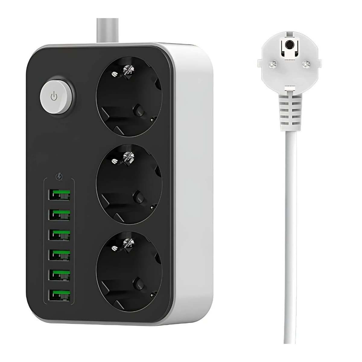 Grenuttag med 6 USB-portar, 3 uttag, 2m kabel