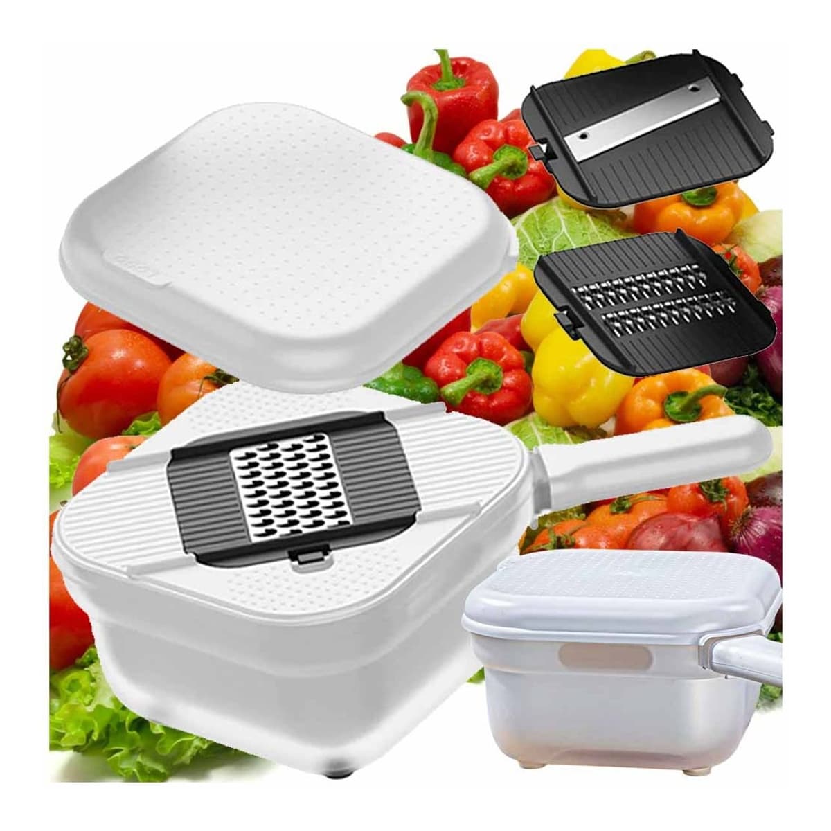 Grönsakshyvel, 3 blad, med behållare 17x17 cm