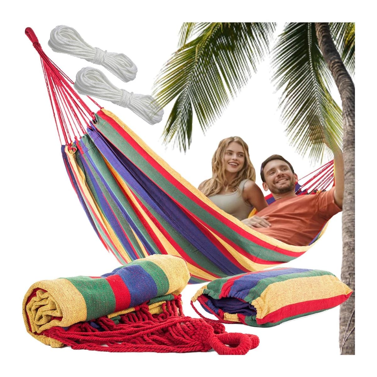 Hängmatta, dubbel, 200 x 150 cm, randigt överdrag