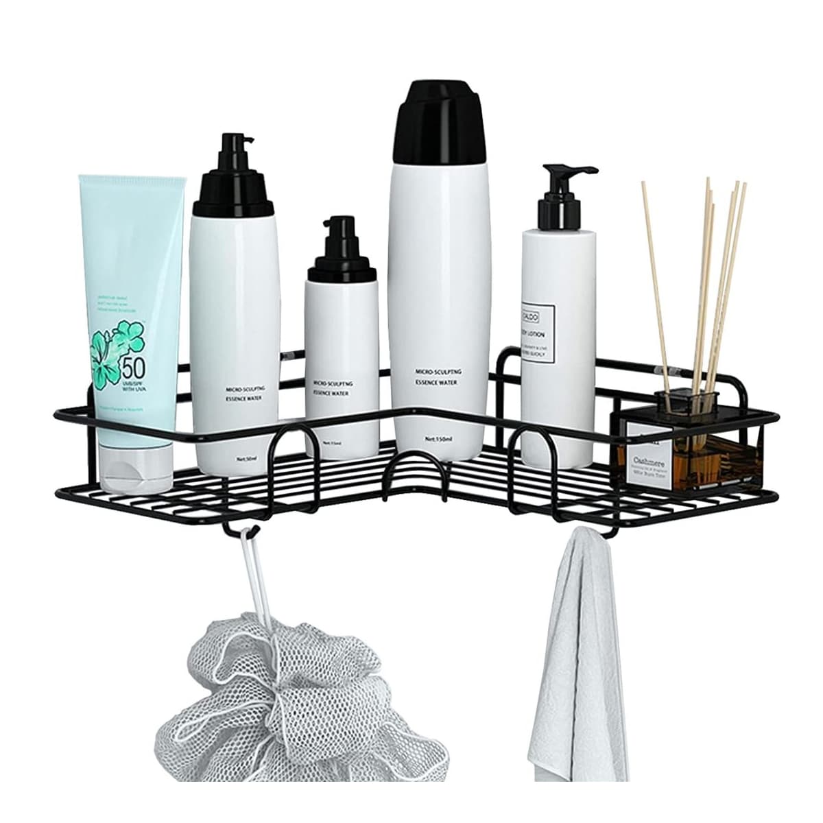 Hörnhylla badrum med krokar, svart, 26 cm