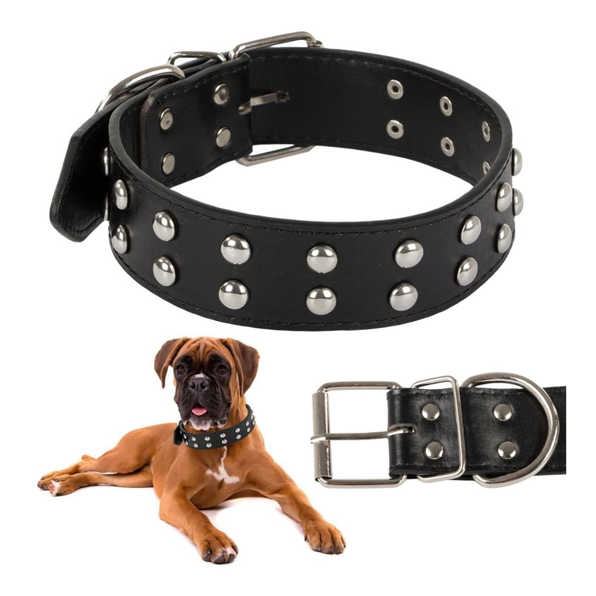 Hundhalsband med nitar, läder, justerbart, L