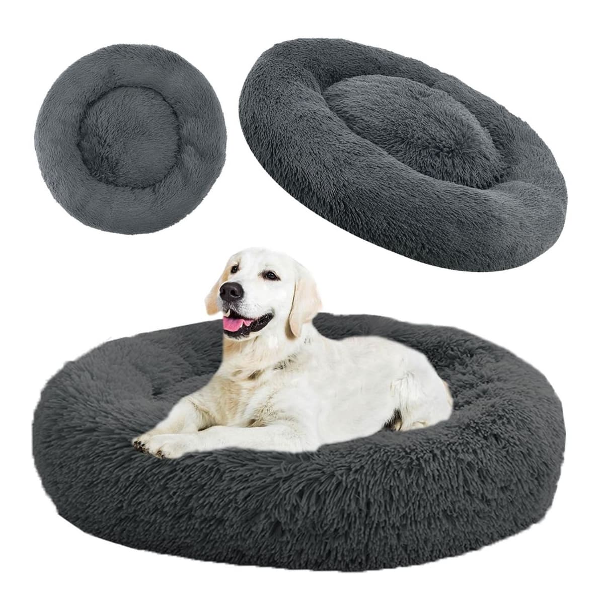 Hundkorg i plysch, rund, 80 cm