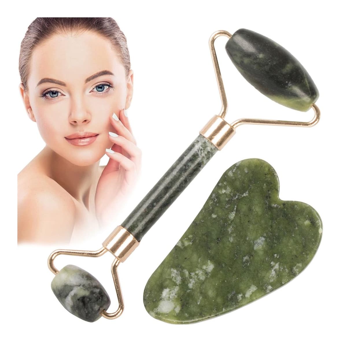 Jade ansiktsmassager med roller och gua sha-platta