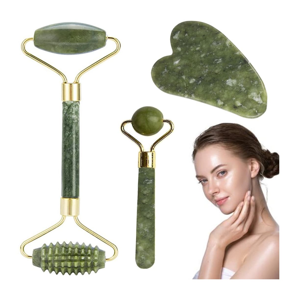 Jademassageset med 3 verktyg, 4,5-7 cm