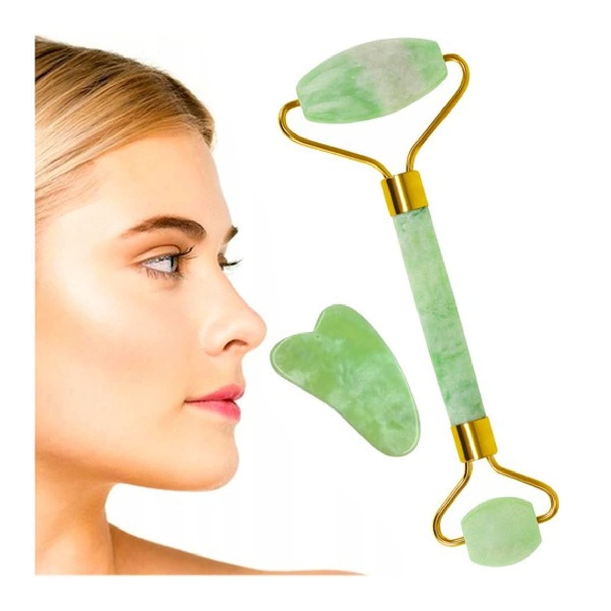 Jaderoller med guasha-platta, ansiktsmassage