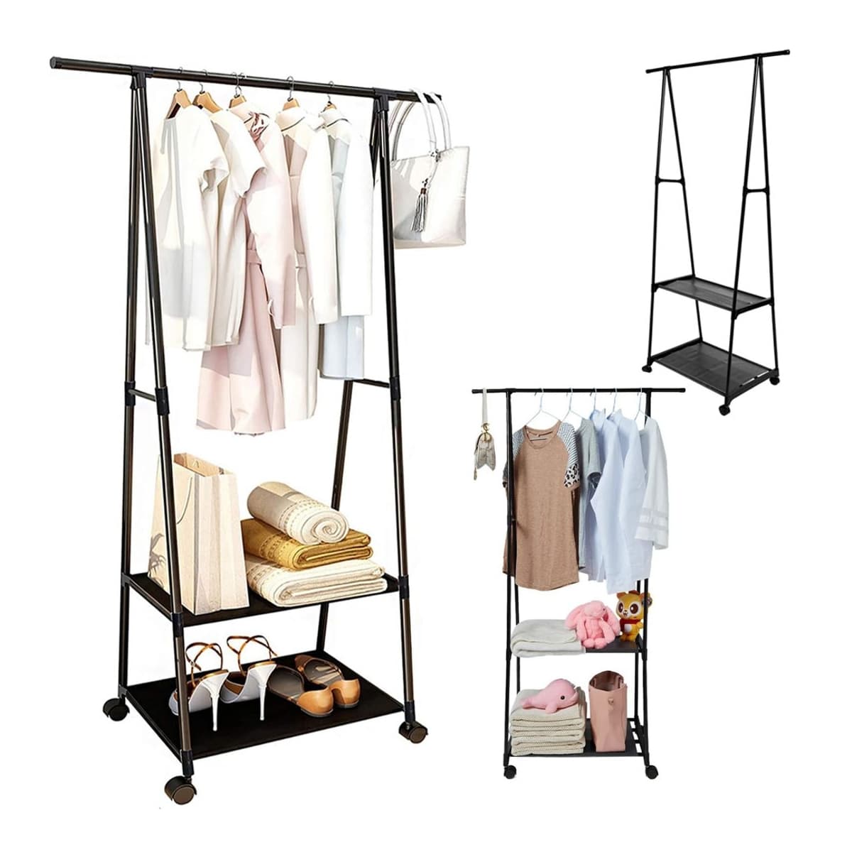 Klädställning med hjul och 2 hyllor