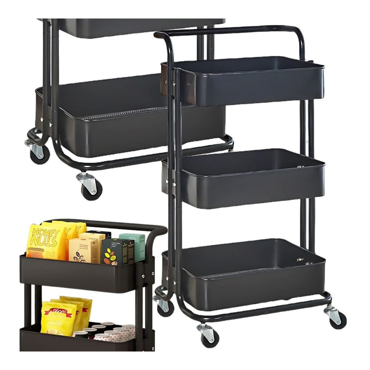 Köks- och badrumsförvaring på hjul, 3 plan, metall
