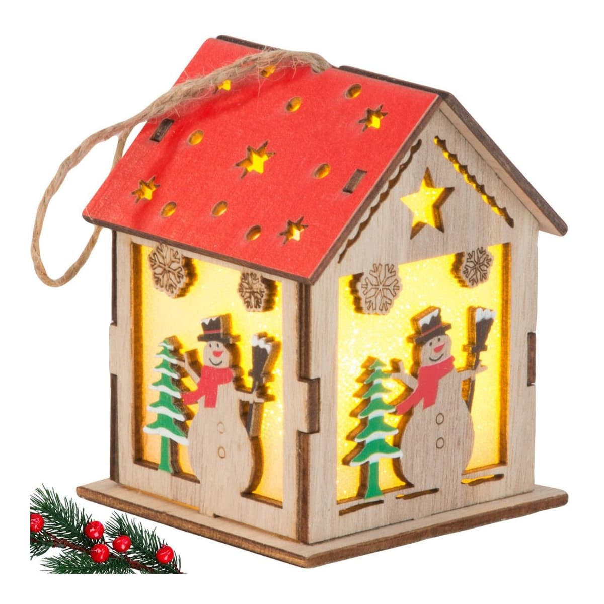 LED-lykta i trä, hus med snögubbe, 9 cm