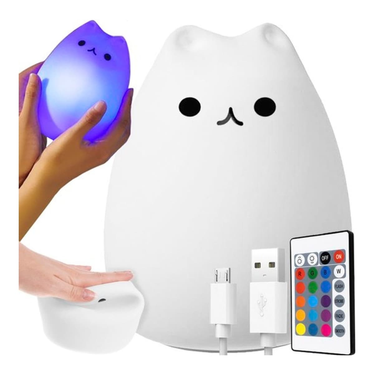 LED-nattlampa katt, silikon, 16 färger