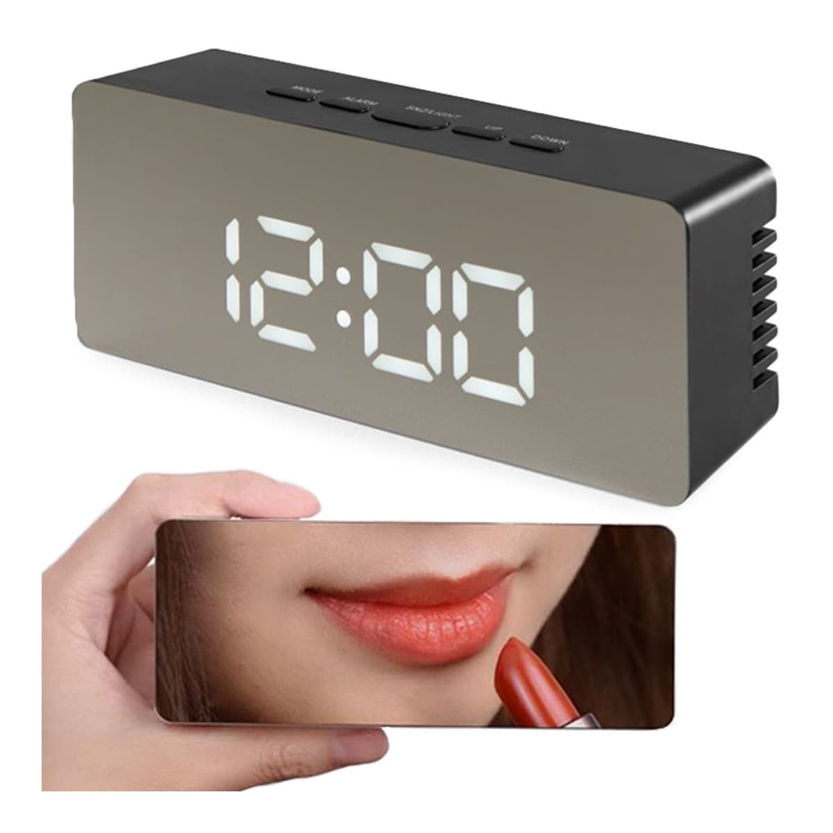 LED-väckarklocka med spegel, 14 x 6 cm