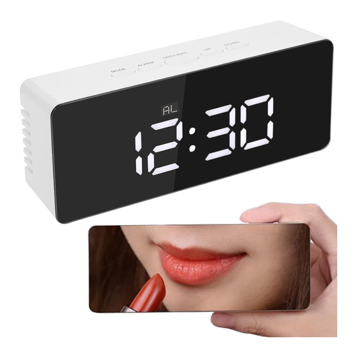 LED-väckarklocka med spegel och termometer