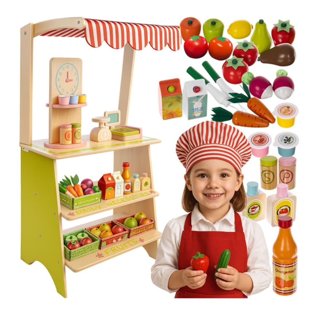 Lekbutik i trä med kassa och tillbehör