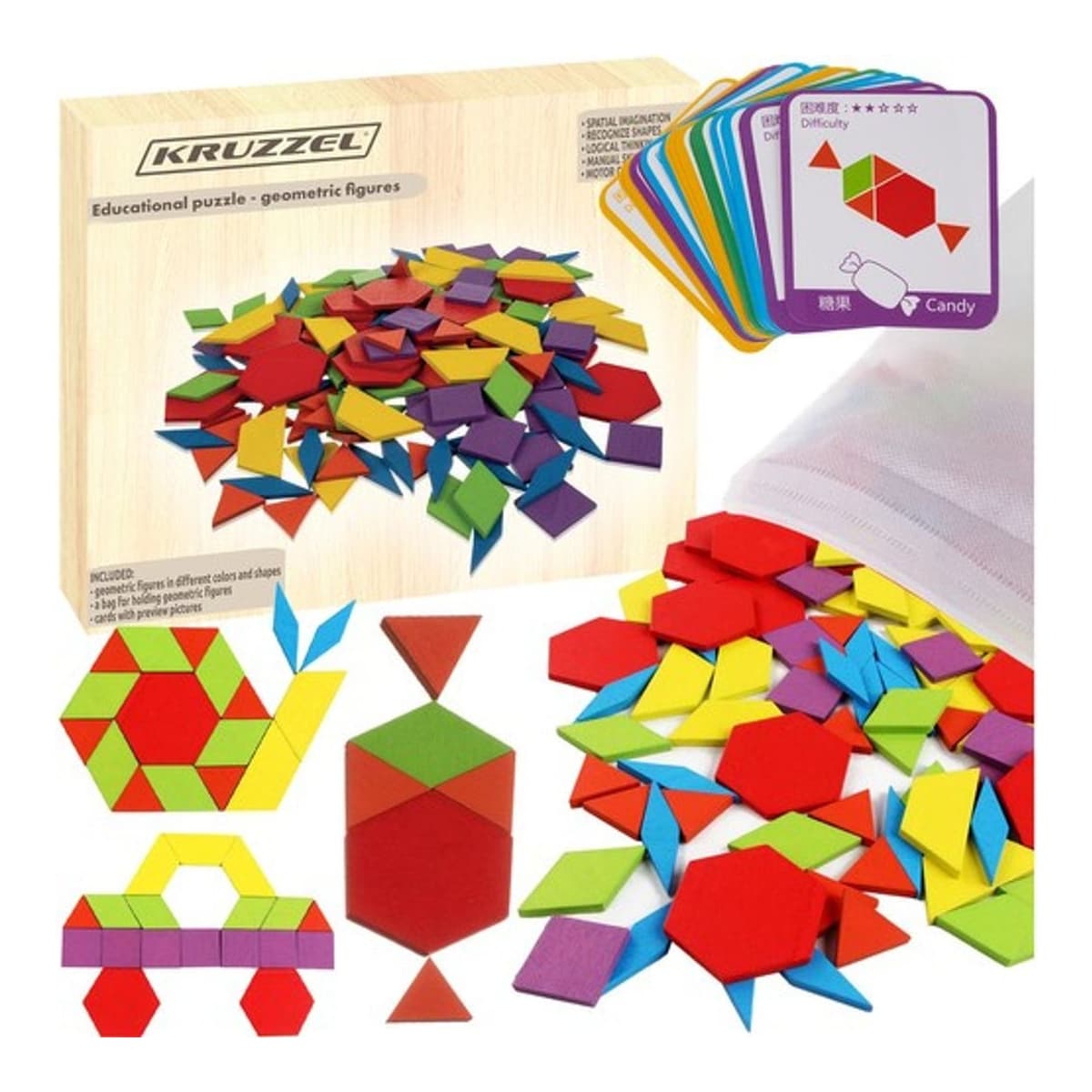 Logikpussel med geometriska former, 155 träklossar