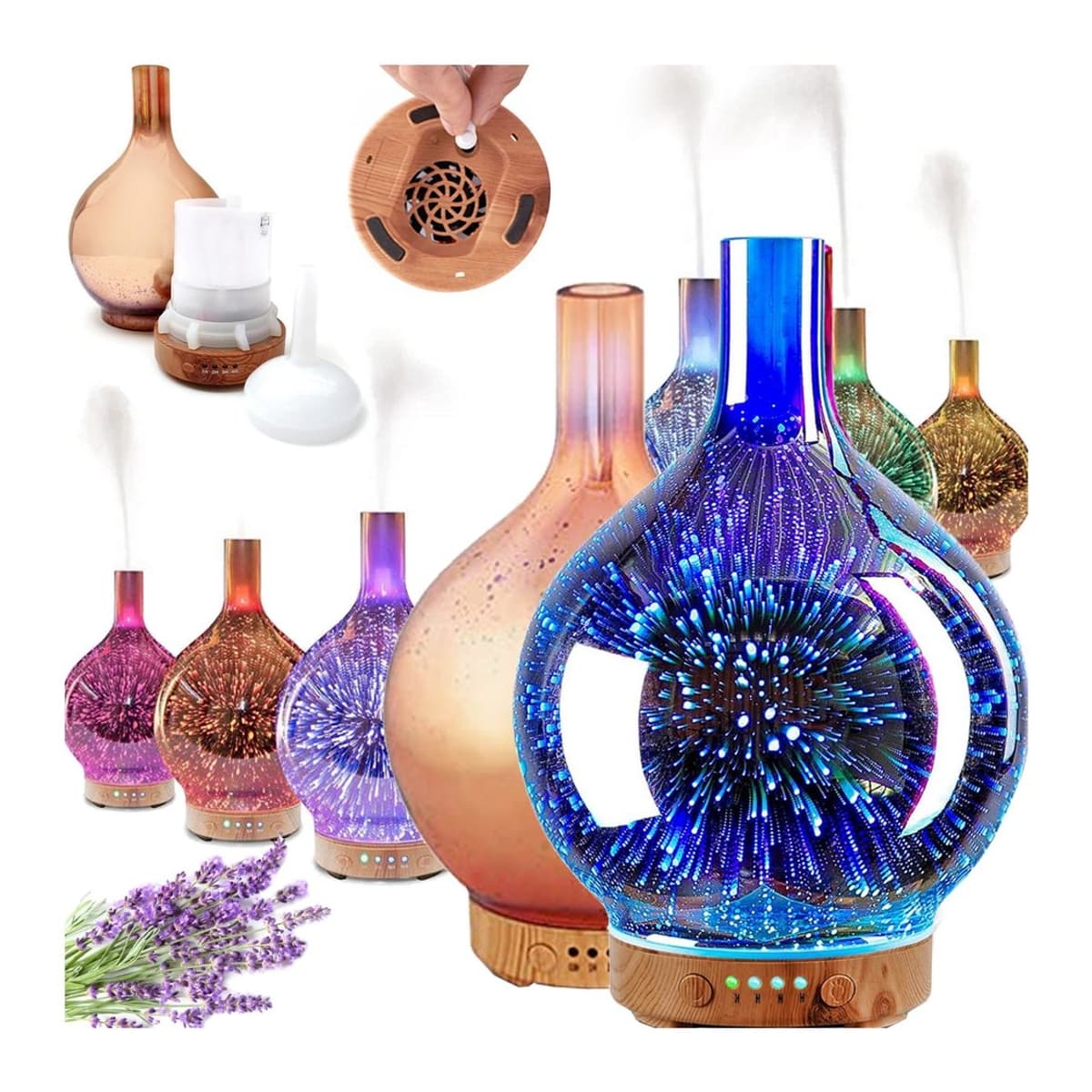 Luftfuktare med aromaterapi och 3D-ljus, 120 ml