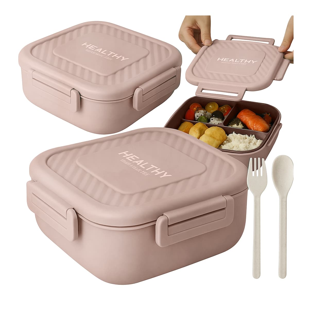 Lunchbox med 3 fack och bestick, 19 cm