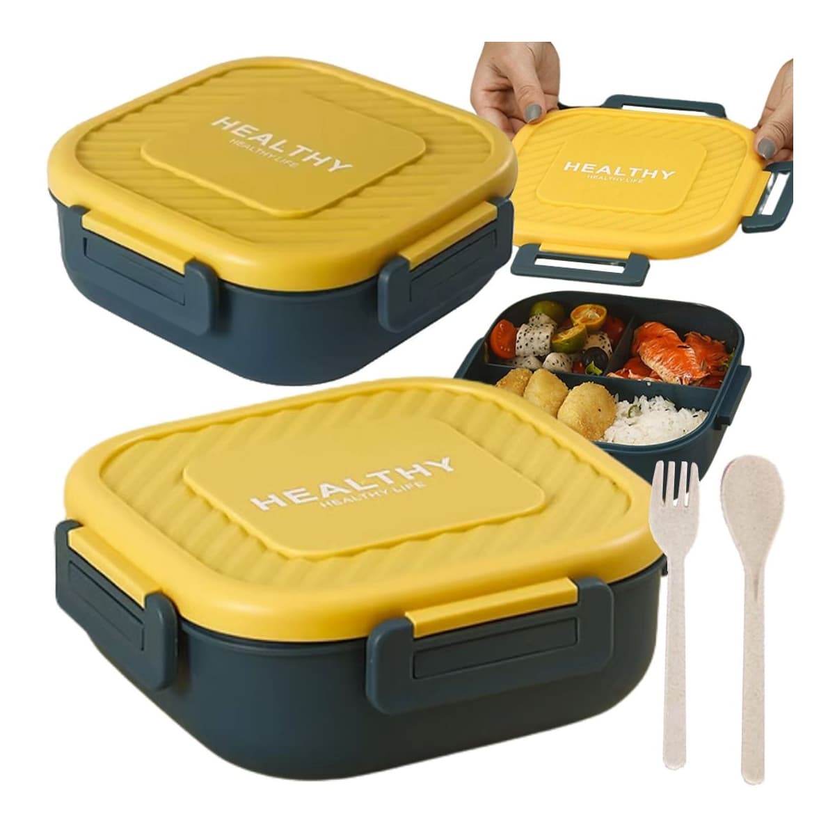 Lunchbox med 3 fack och bestick, 19 cm