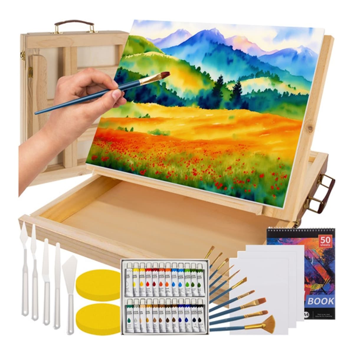 Målarlåda med staffli 45 delar Maaleo träväska