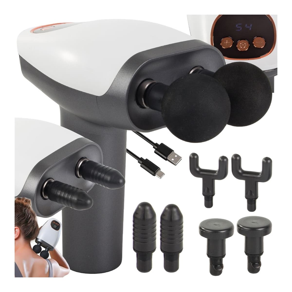 Massage-pistol med LCD-display, 8 munstycken