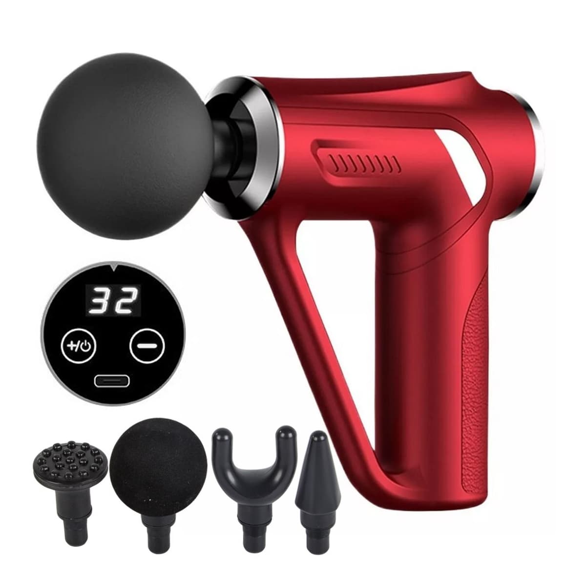 Massagepistol med 4 munstycken, 32 intensitetsnivåer