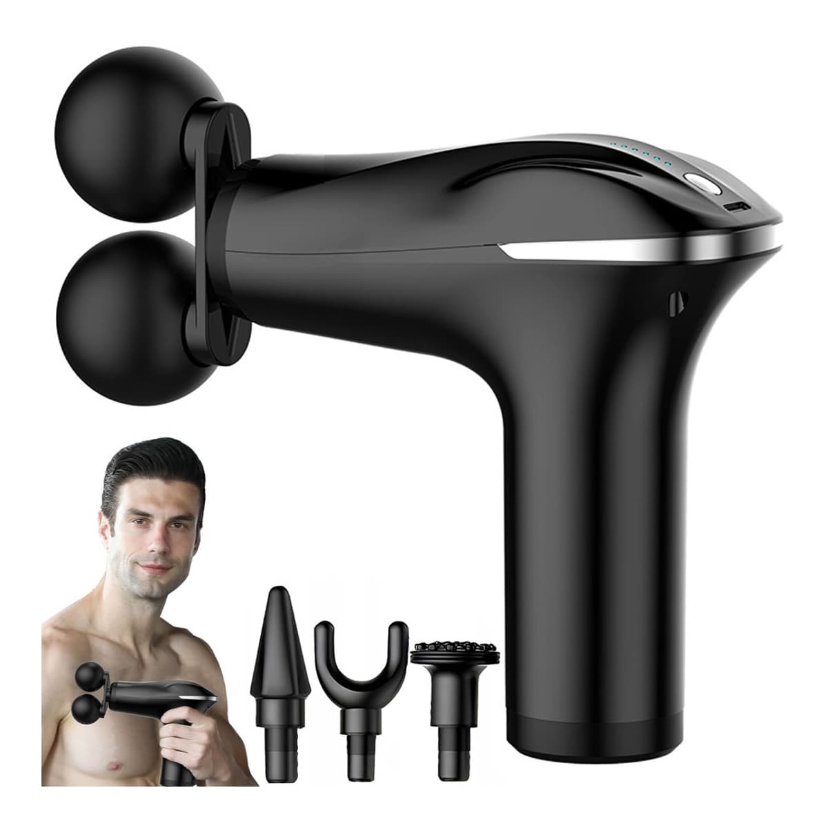 Massagepistol med 4 munstycken, 6 intensitetsnivåer