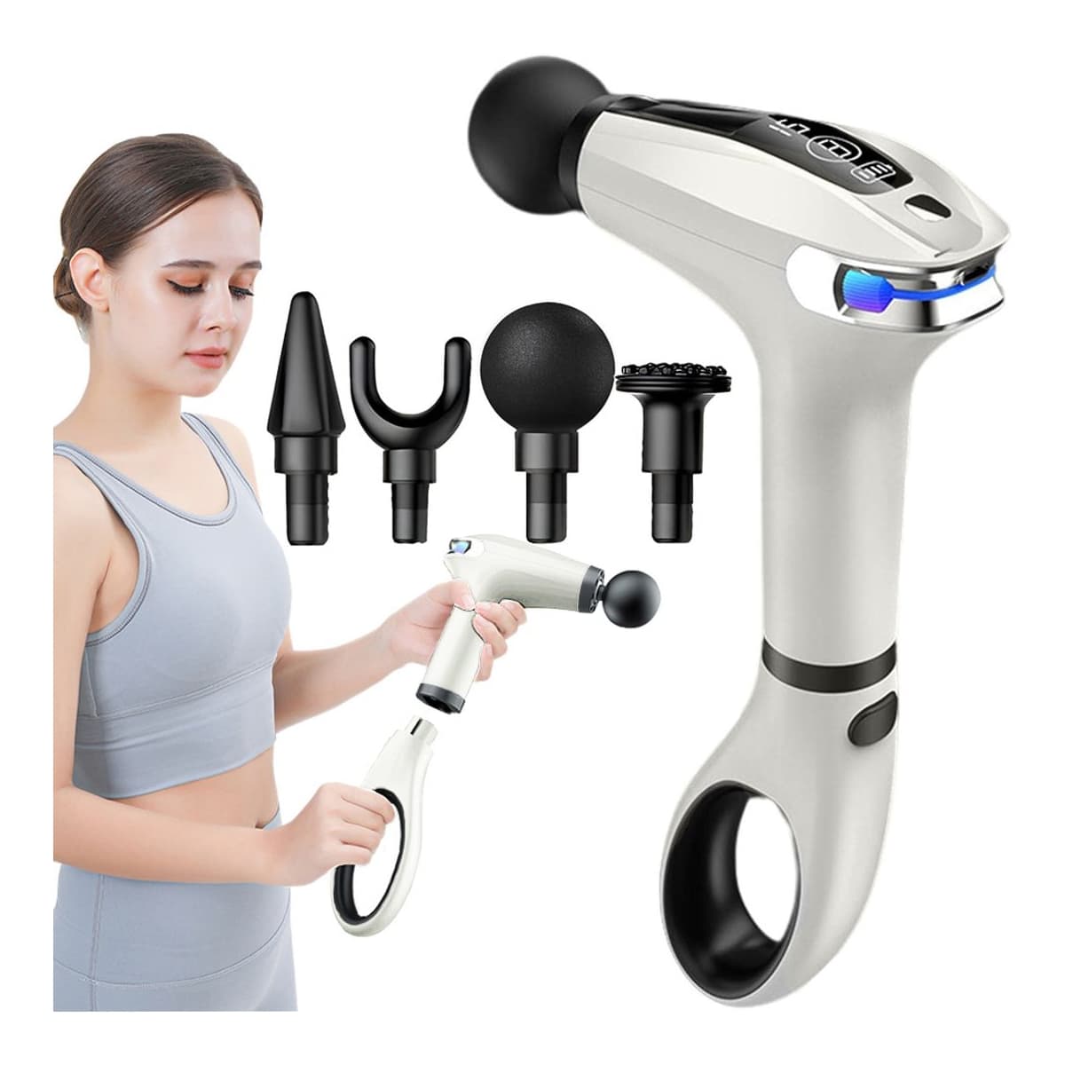 Massagepistol med förlängningshandtag, 4 munstycken