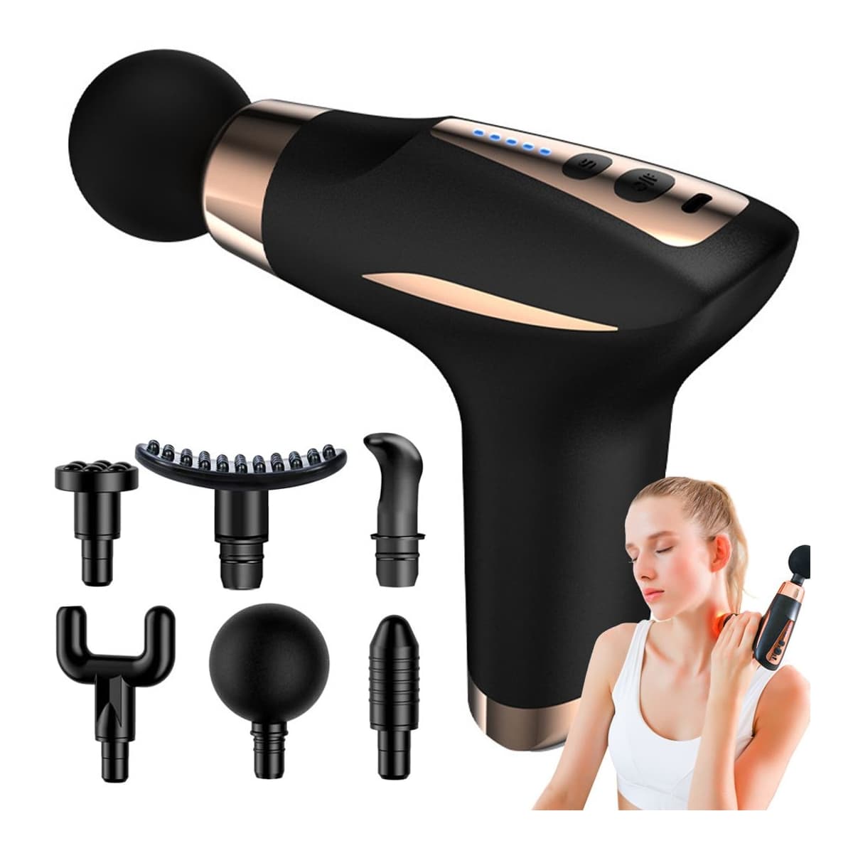 Massagepistol med värme och 6 munstycken