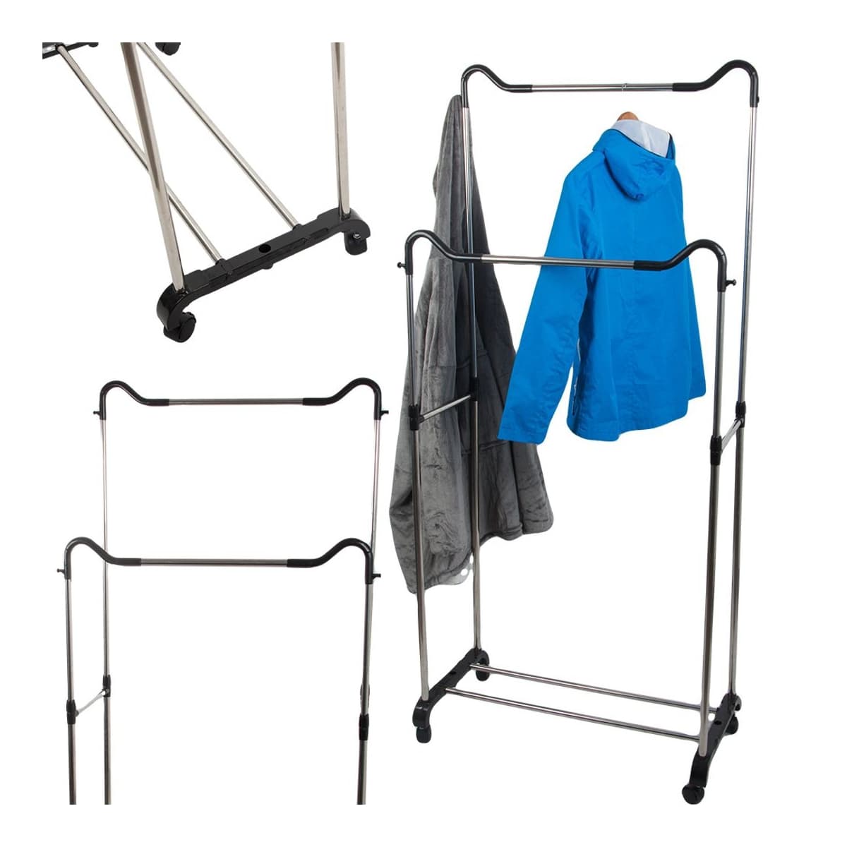 Mobil klädställning med hjul, 165 cm, dubbel stång