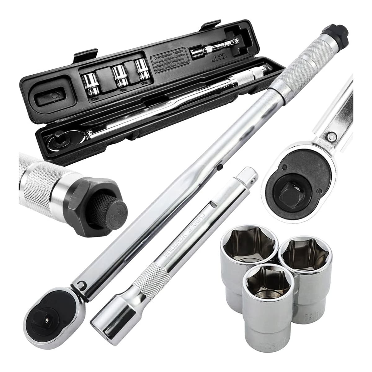 Momentnyckel med väska, 3 hylsor, 40-210 Nm