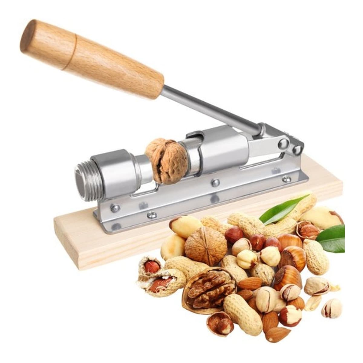 Nötknäckare i stål på träställning, justerbar