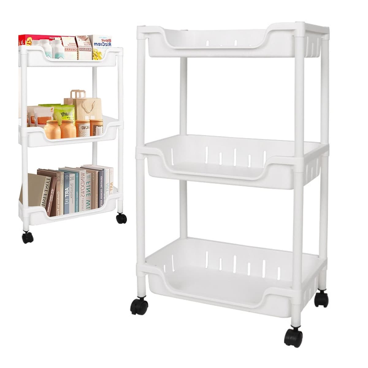 Rullvagn med 3 hyllor och krokar, 68 cm