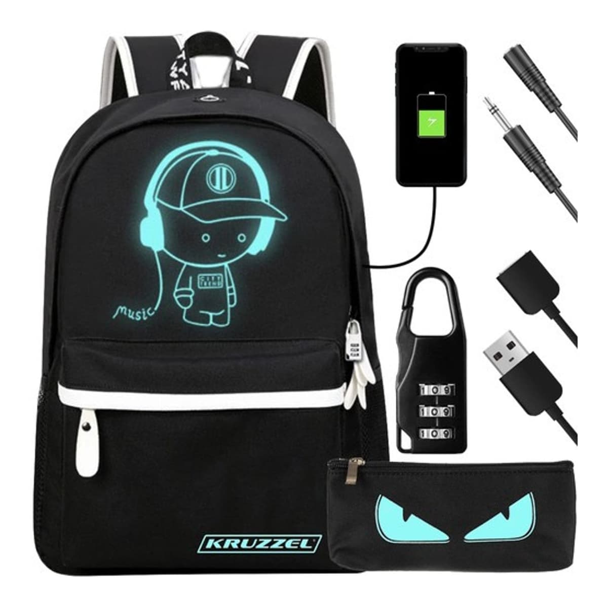 Ryggsäck med USB-port och reflex, 19 liter