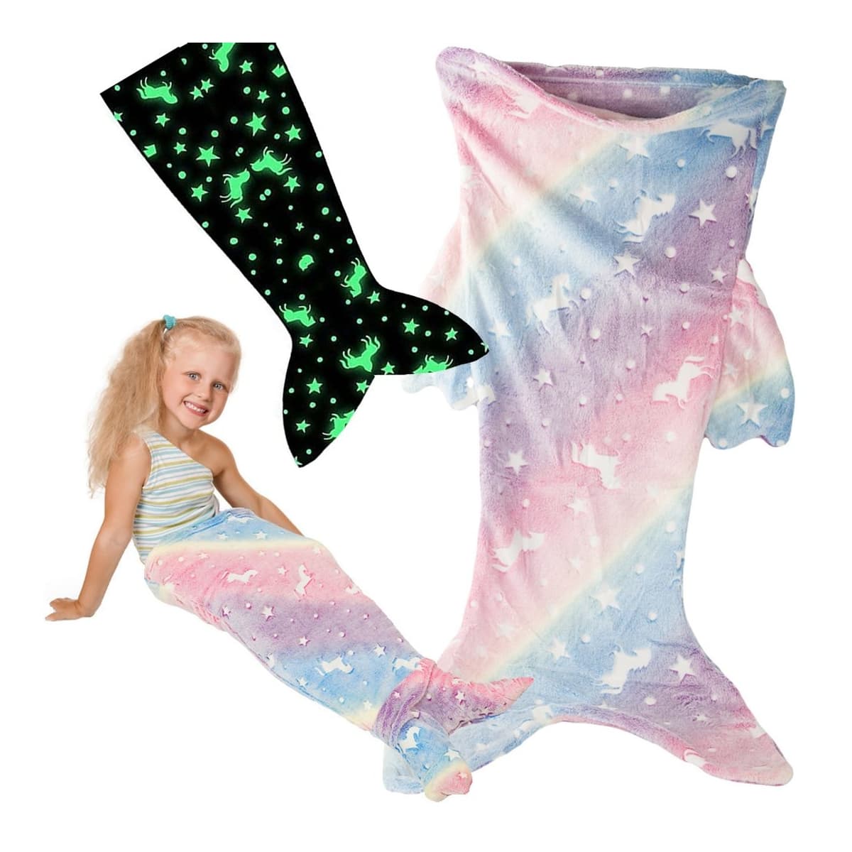 Sjöjungfru-filt med lysande motiv, 105 cm