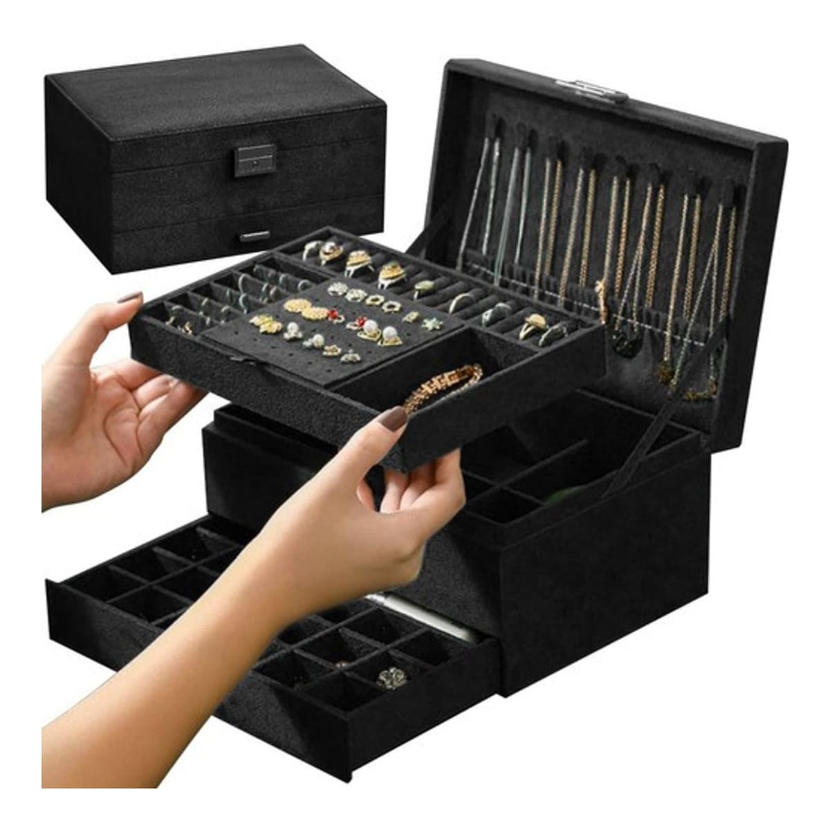 Smyckeskrin svart med lås, 24,5 x 17,5 cm